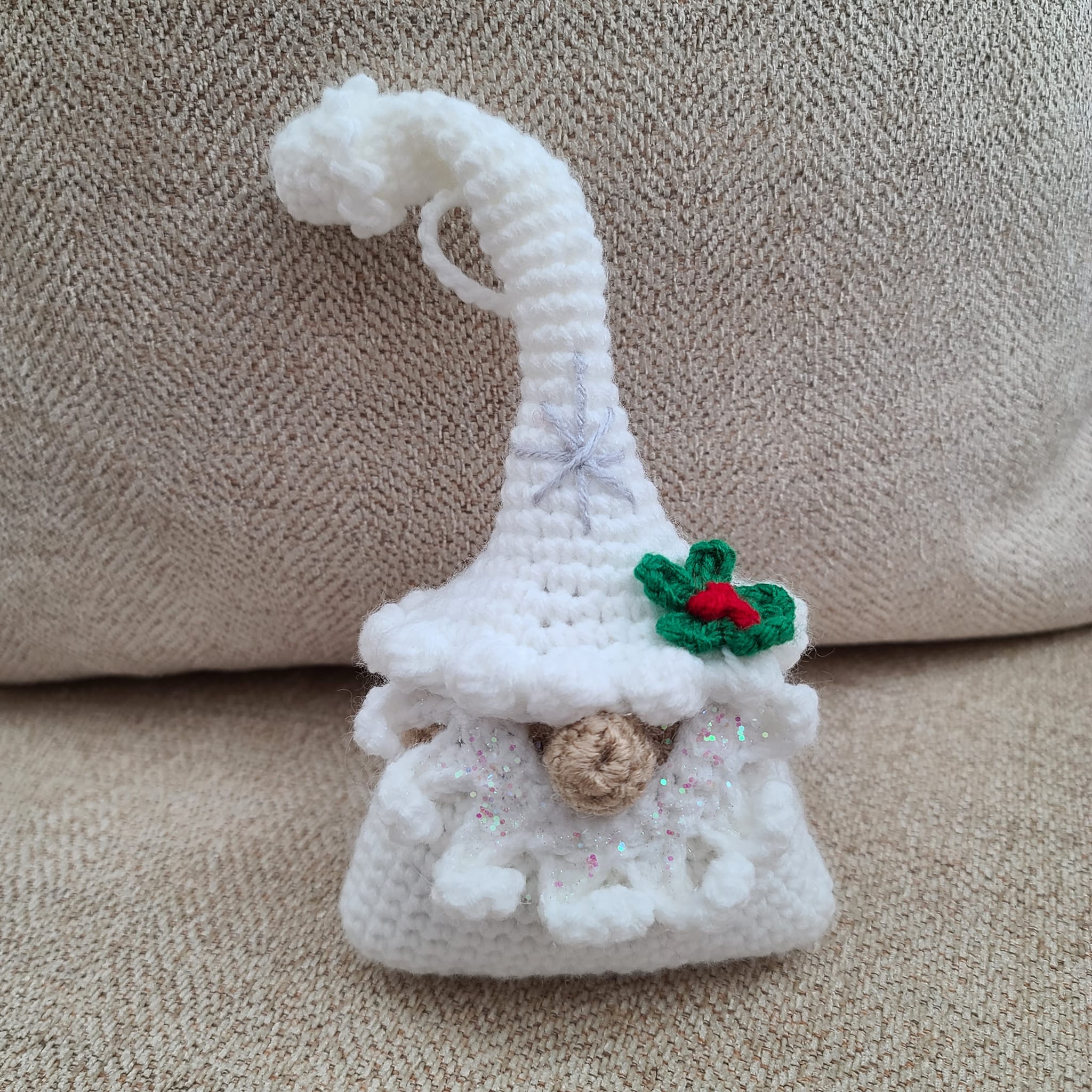 Handmade Crochet Gnome Ornament White