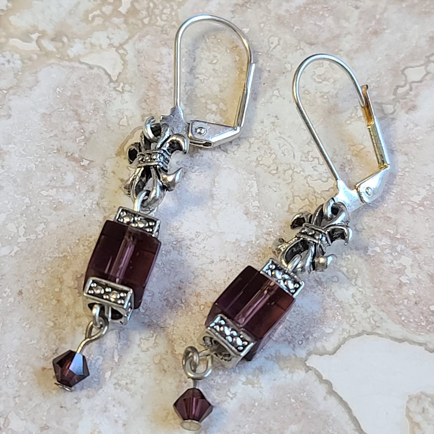 Handmade Purple Glass Bead Cubes Earrings