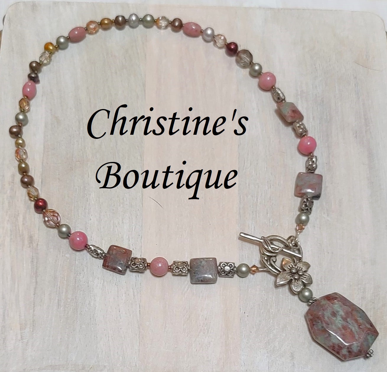 Jasper, Pink Rhondonite, Freshwater Pearl Necklace Set - Click Image to Close