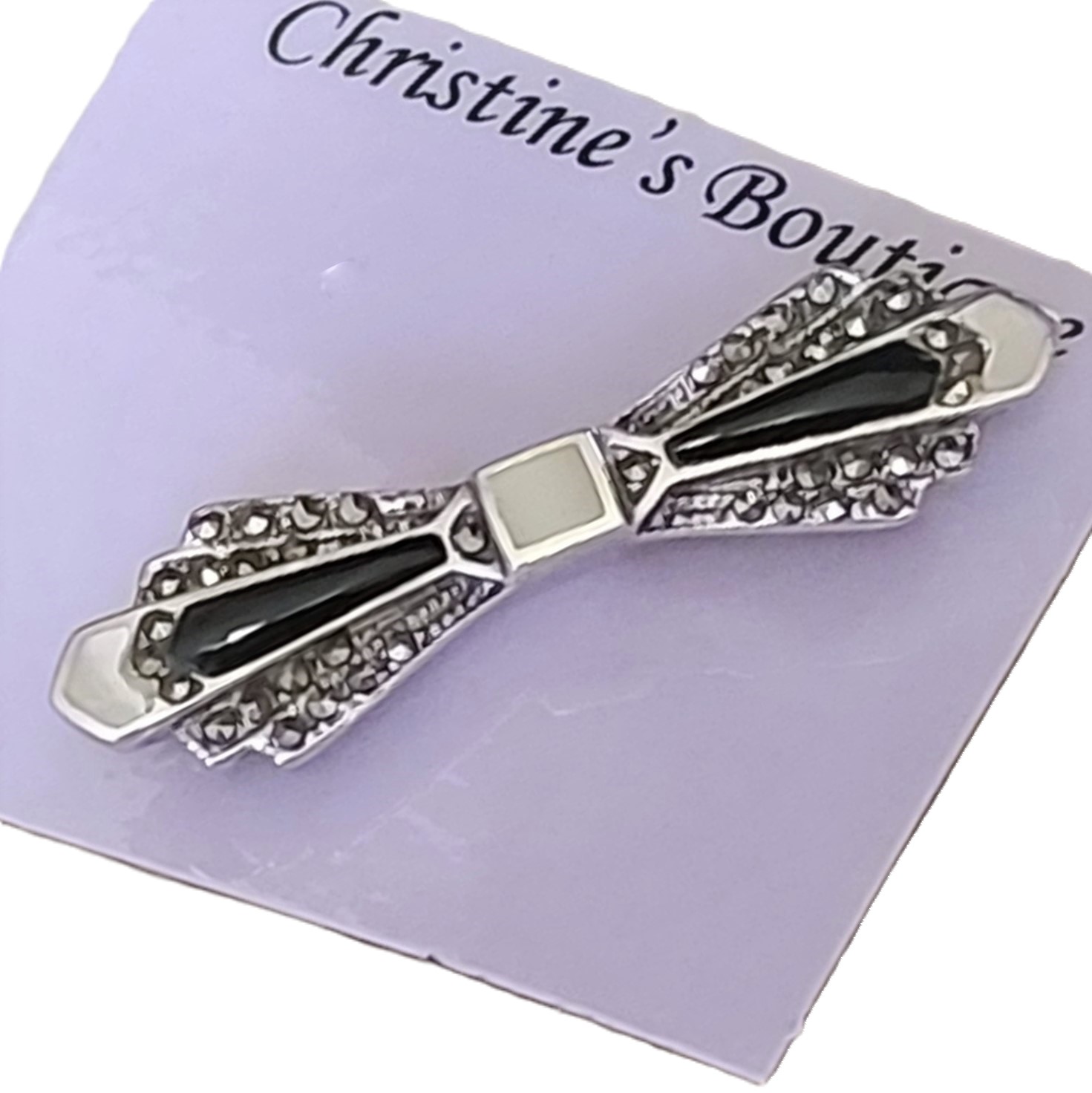 Art Deco Marcasite Pearlized and Black Onyx Sterling Silver Pin - Click Image to Close