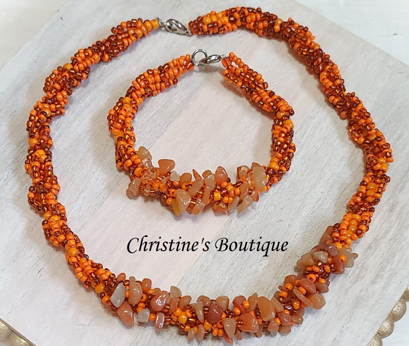 Twisted Carnelian Gemstones Glass Beads Necklace & Bracelet Set - Click Image to Close