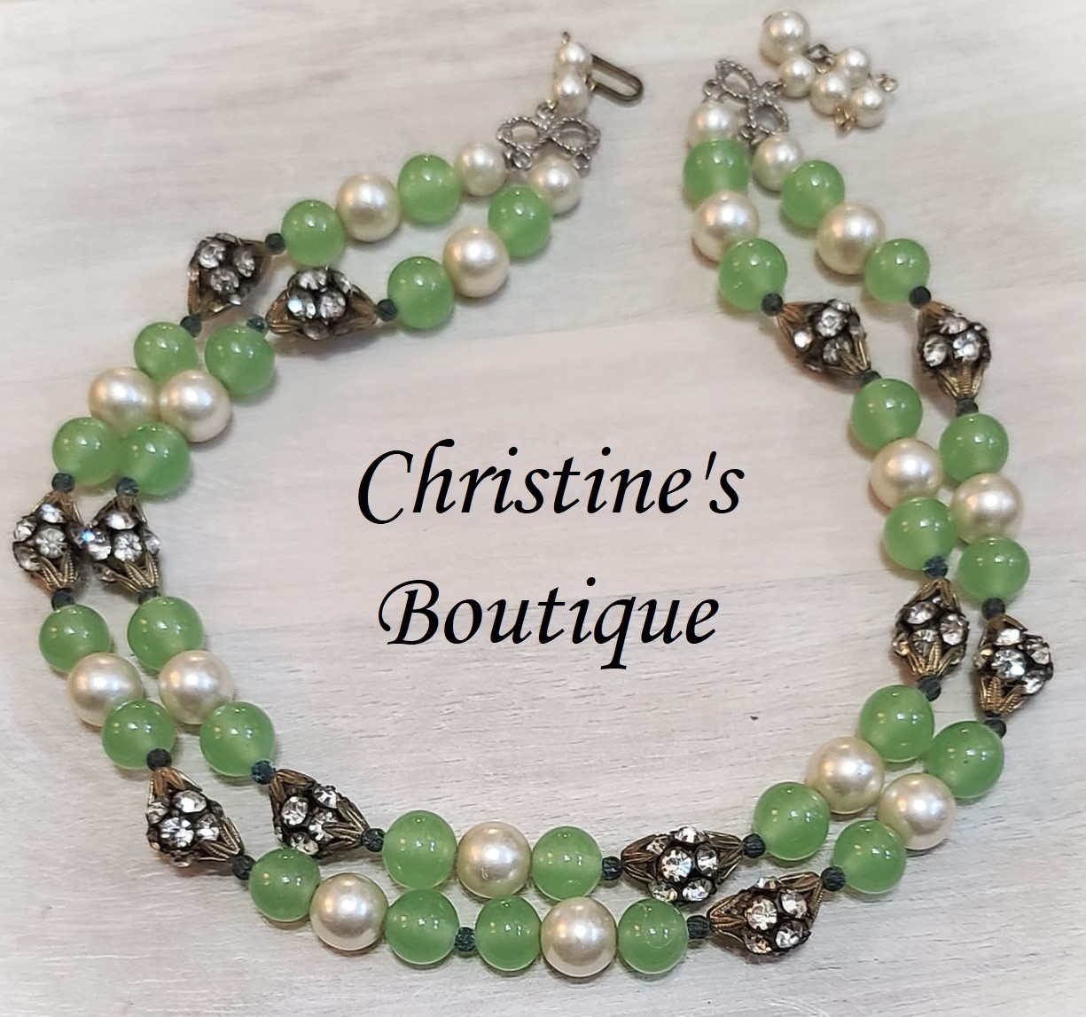 Green Glass, Pearls & Rhinestones 2 Strand Necklace - Click Image to Close