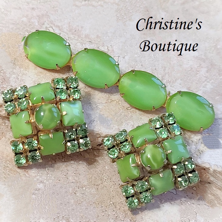 Green moonglow and rhinestone pin and clip on earrings set - Click Image to Close
