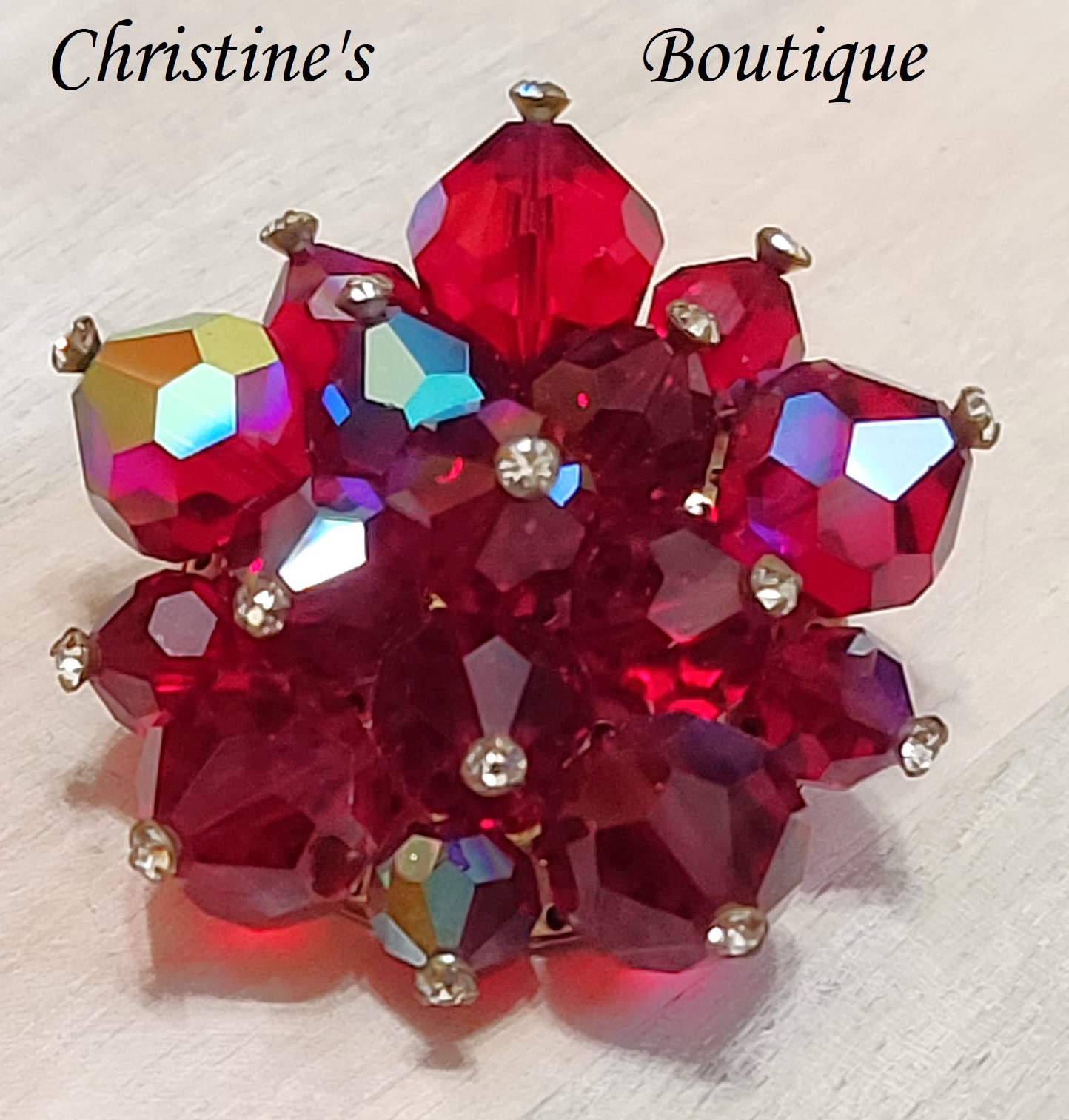 Vintatge red carnival glass and rhinestones pin, brooch