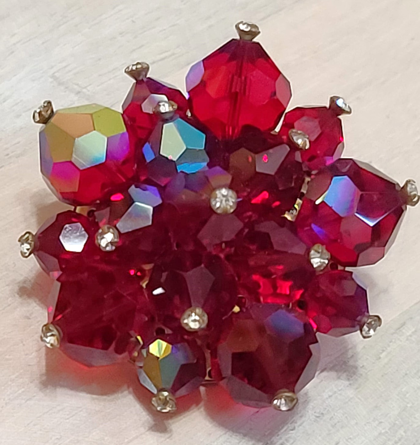 Vintatge red carnival glass and rhinestones pin, brooch