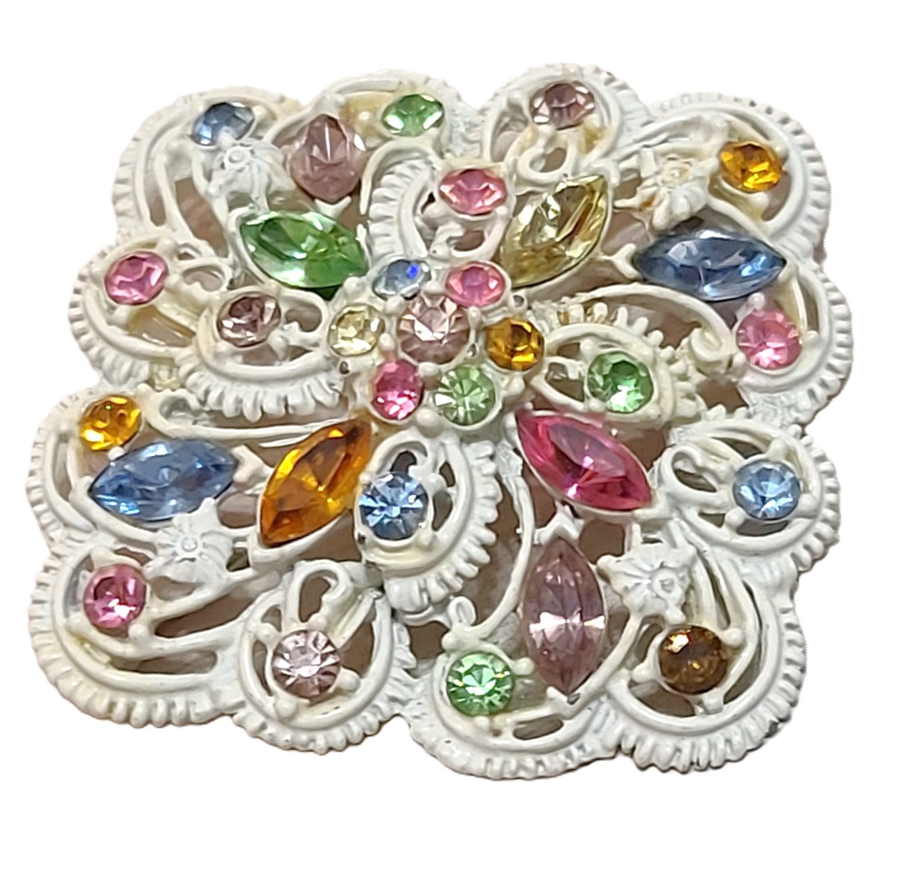 Pastel rhinestone brooch, pin, vintage, white metal with mutli color rhinestones