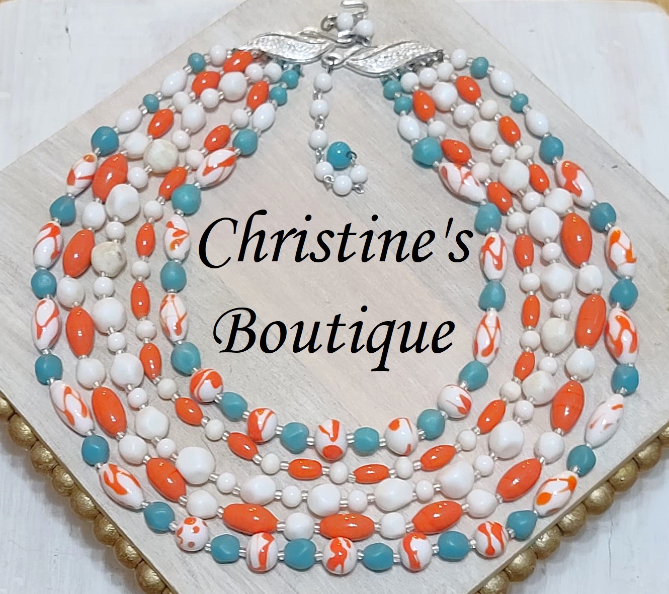 Coral, turquoise and white glass 5 strand vintage necklace