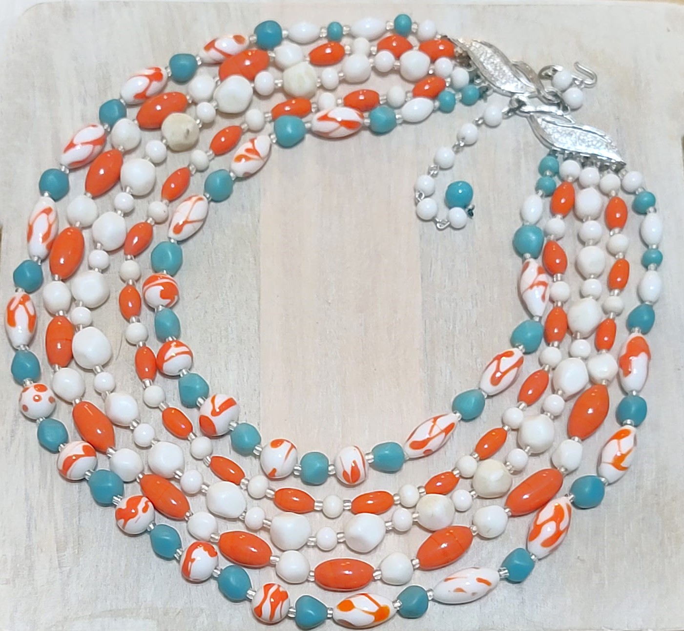 Coral, turquoise and white glass 5 strand vintage necklace