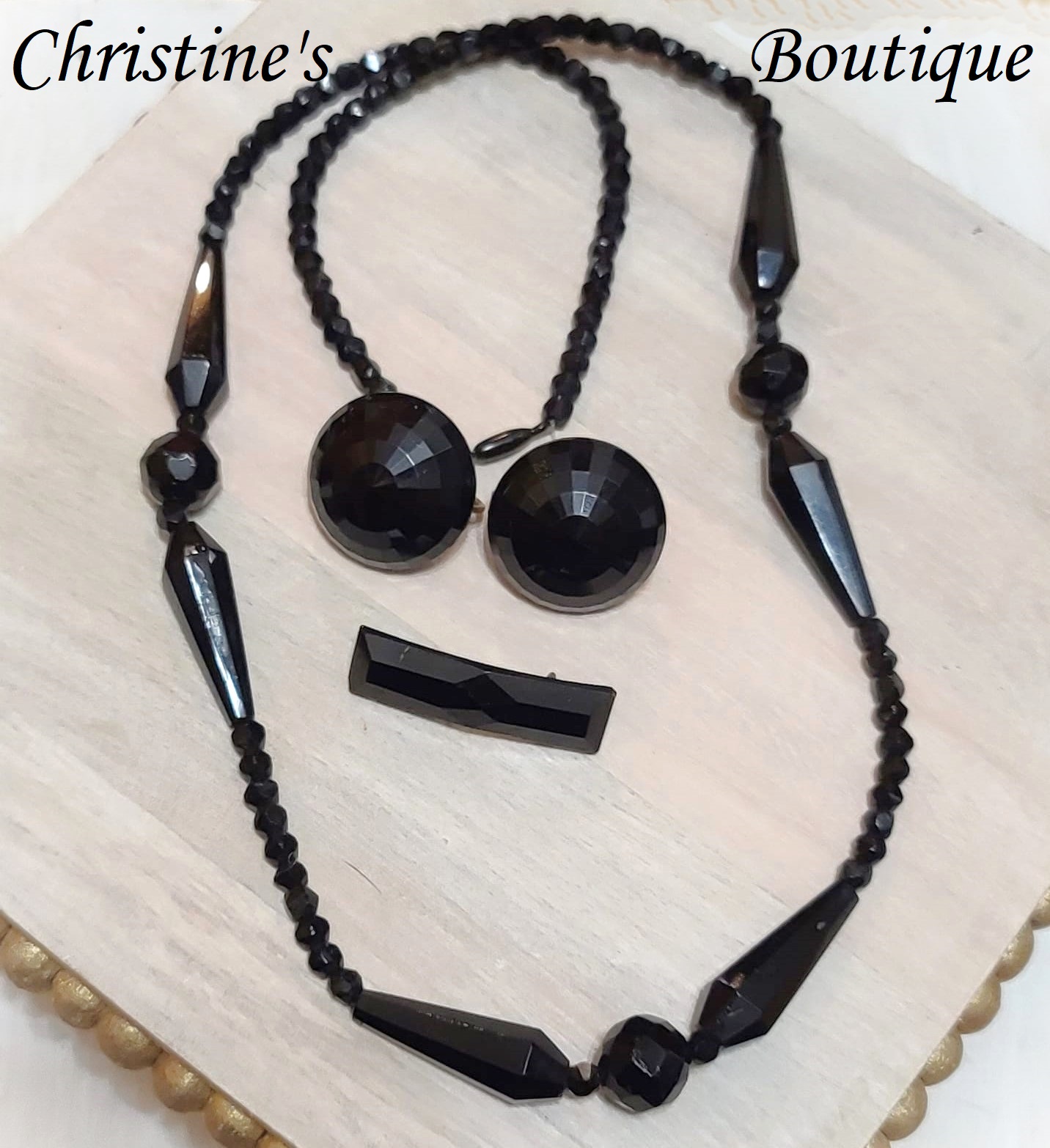 Faceted black glass necklace, earrings & pinand clipon earrings - Click Image to Close