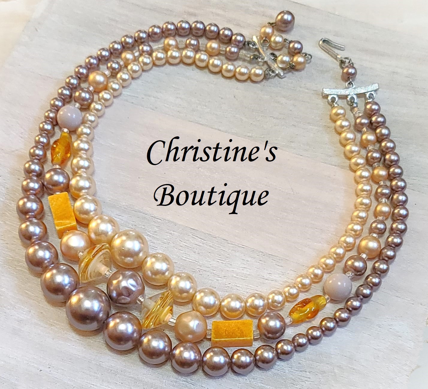 Gray, beige and orange hues vintage 3 strand necklace
