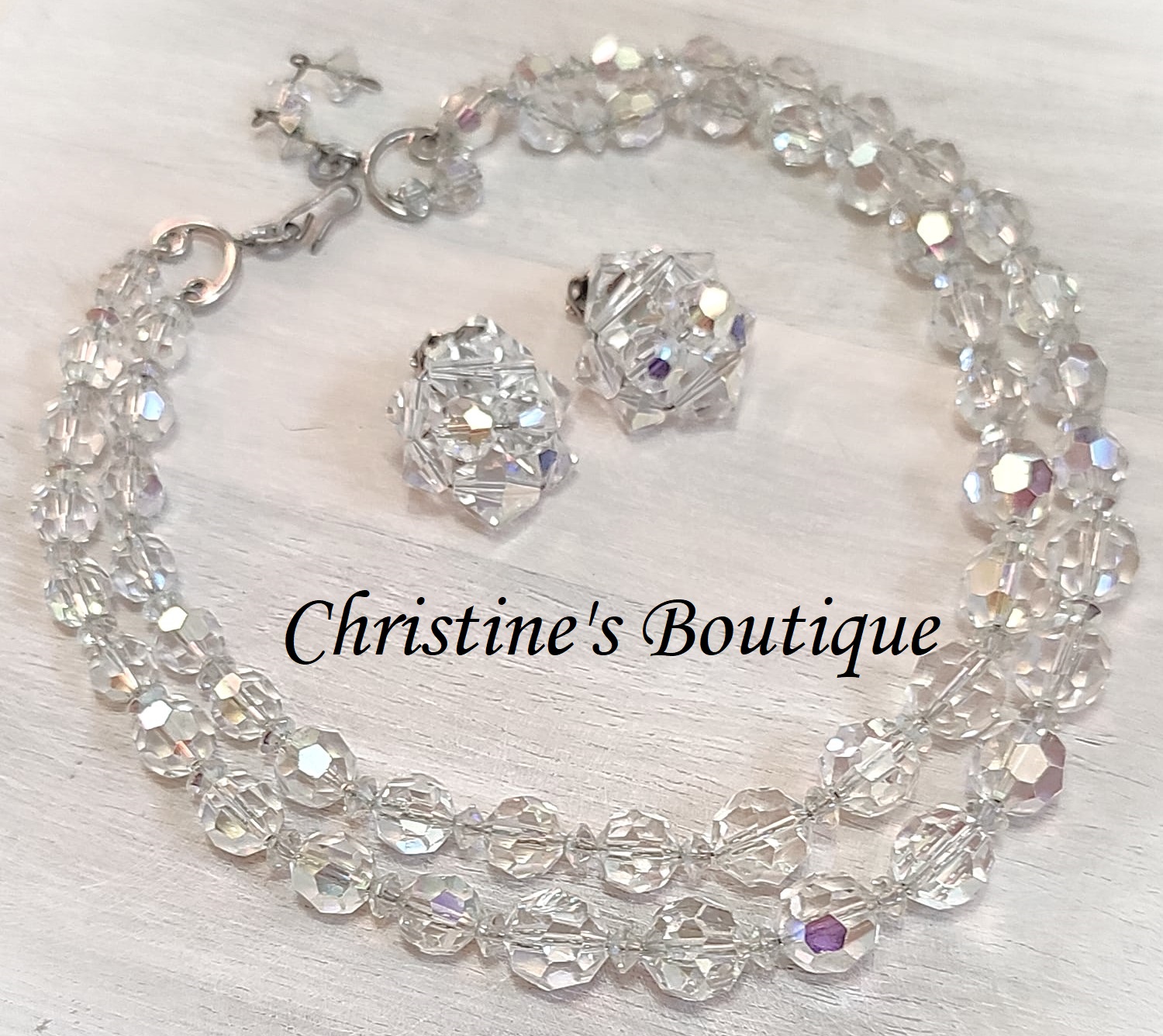 Crystal 2 strand vintage choker style necklace and clip ons