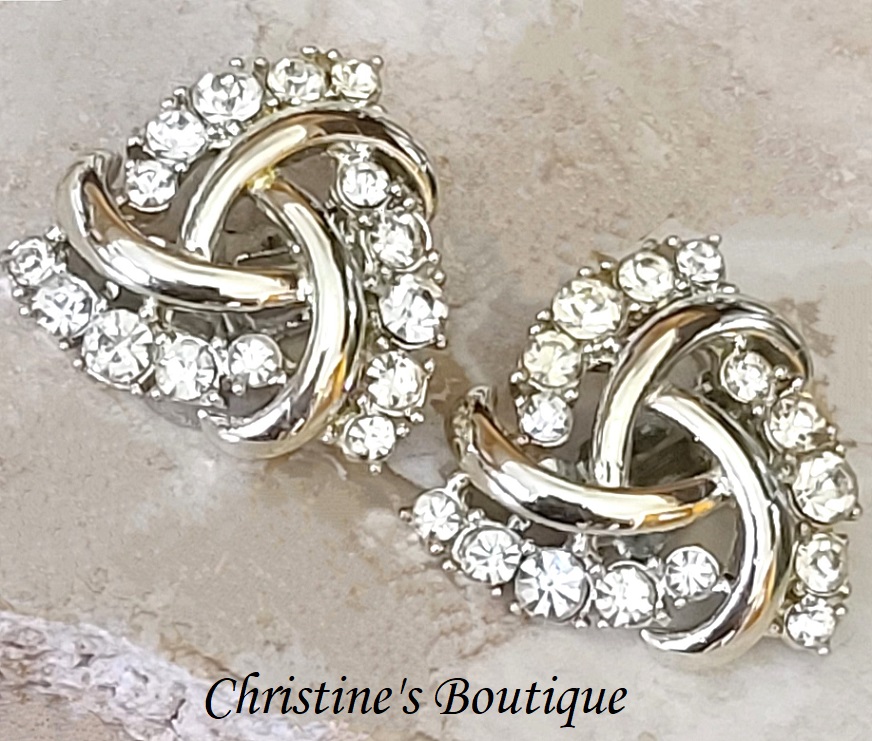 Rhinestone earrings, vintage earrings, clip on earrings, pinwheel rhinestone, designer Charel - Click Image to Close