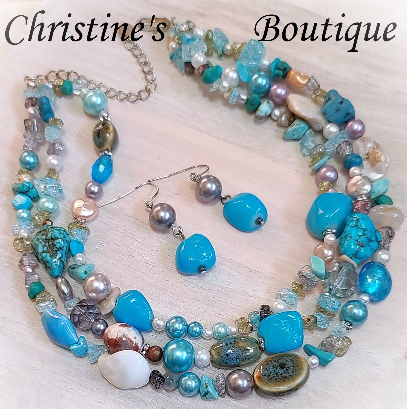 Turquoise howlite, glass, ceramic 3 strand necklace and earrings - Click Image to Close