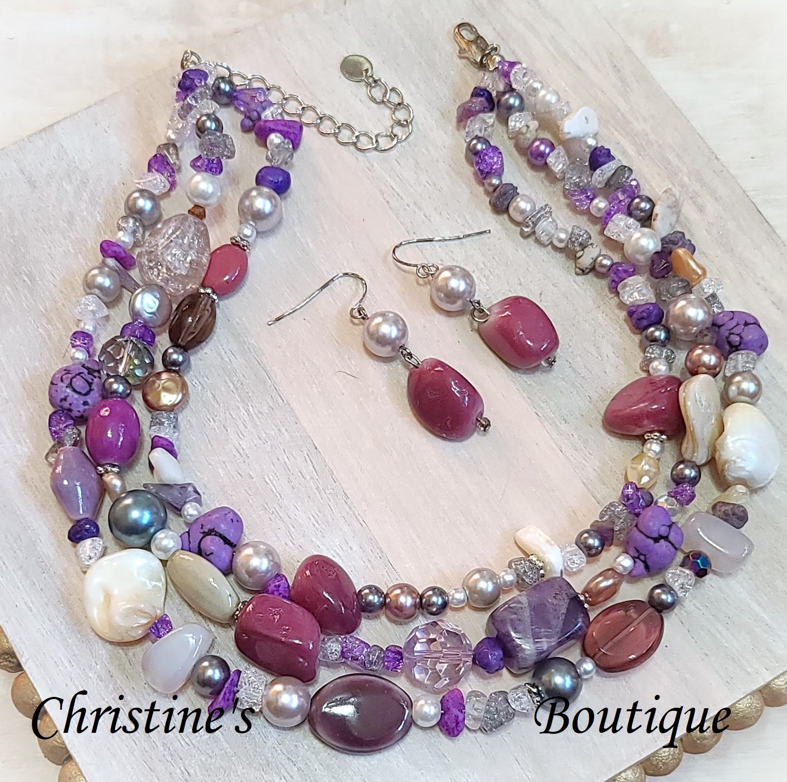 3 strand amethyst, glass and pearl gem necklace and earrings - Click Image to Close