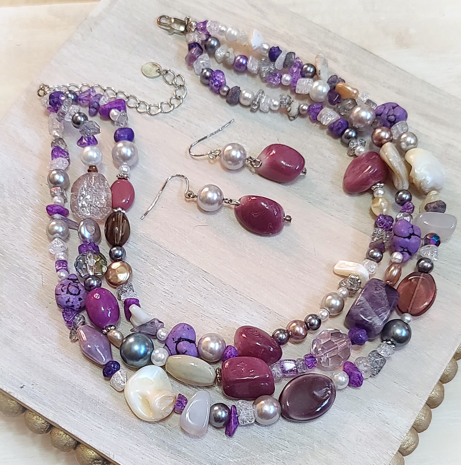 3 strand amethyst, glass and pearl gem necklace and earrings