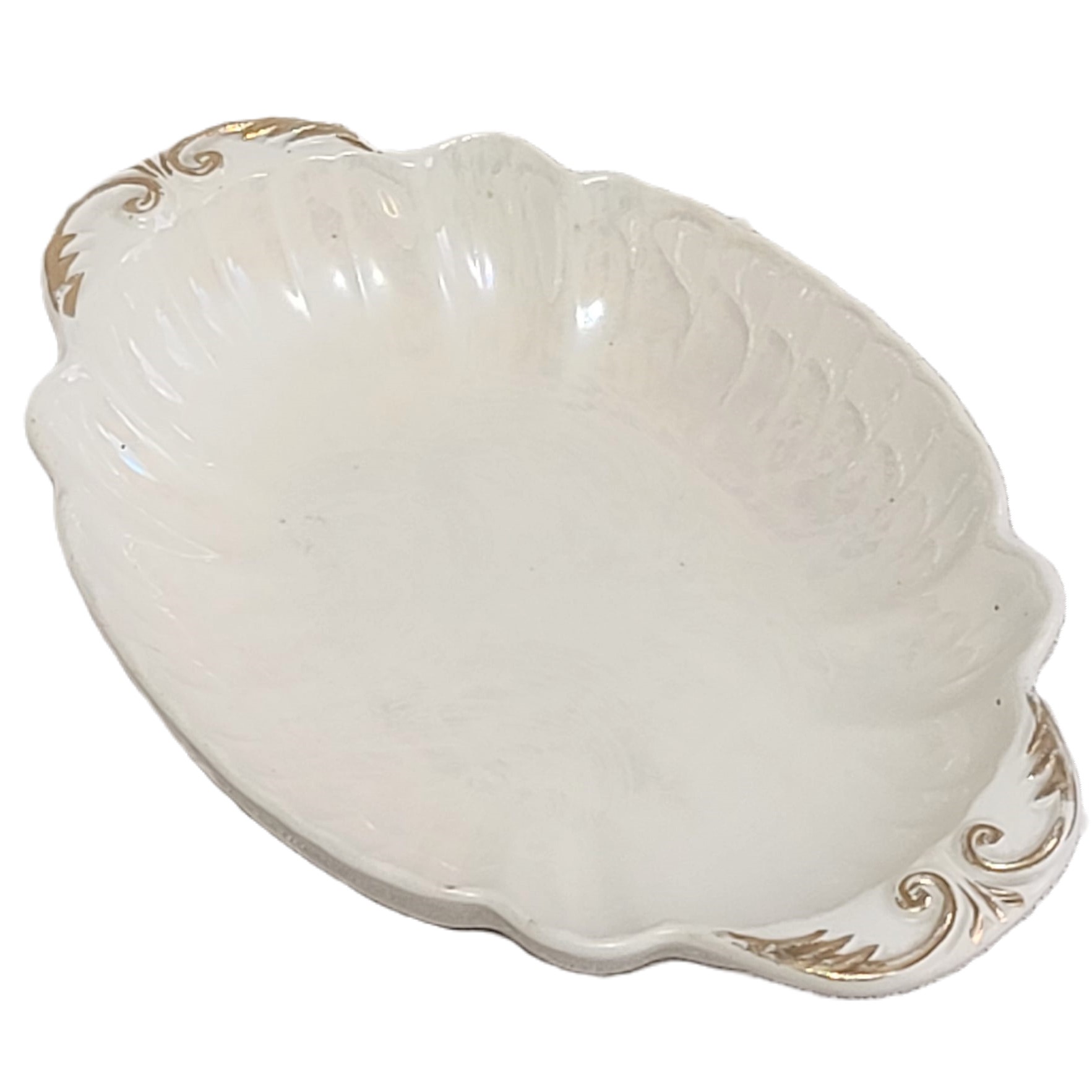 Pearlized Ivory Candy Dish Marked 24KT Gold