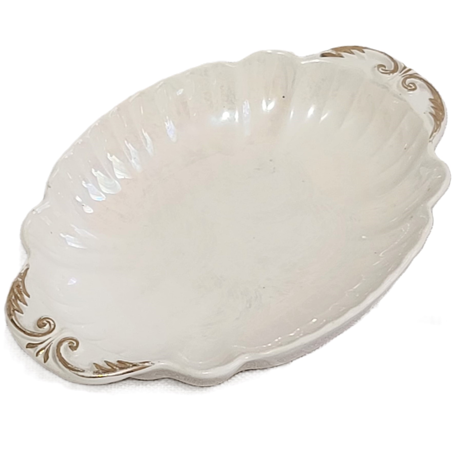 Pearlized Ivory Candy Dish Marked 24KT Gold