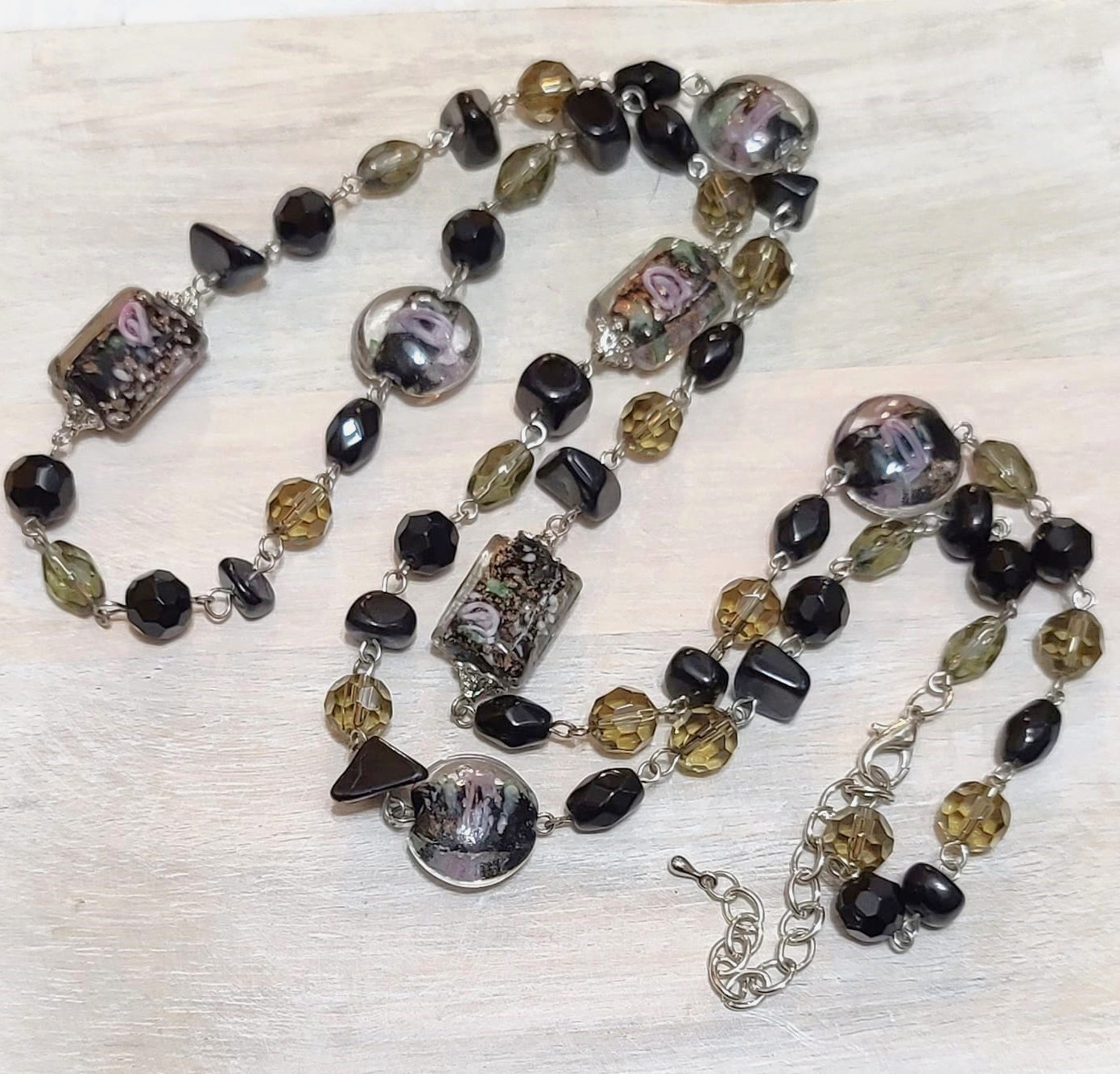 Black murano glass bead long necklace