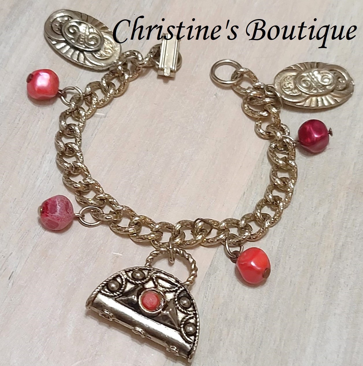Charm bracelet, vintage, handbag and bead charm