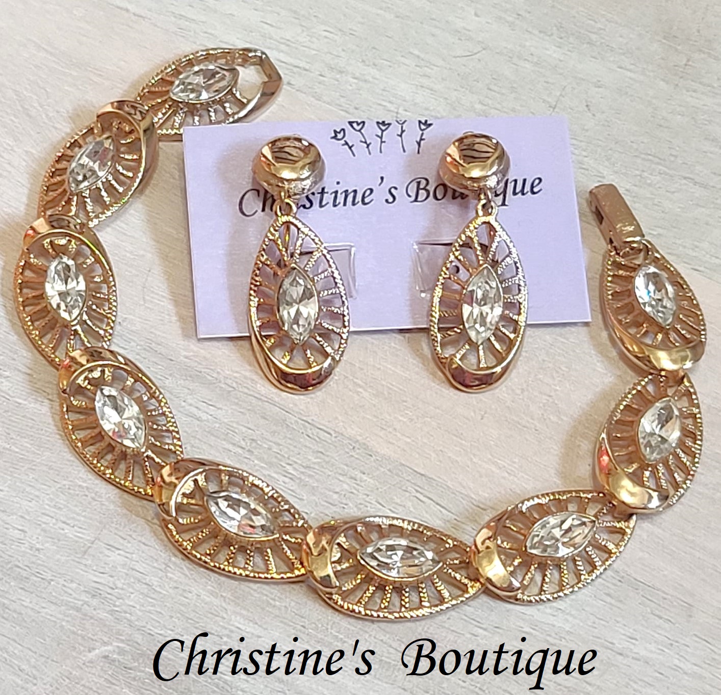 Rhinestone link bracelet and clip on earrings set, vintage rhinestone set, goldtone