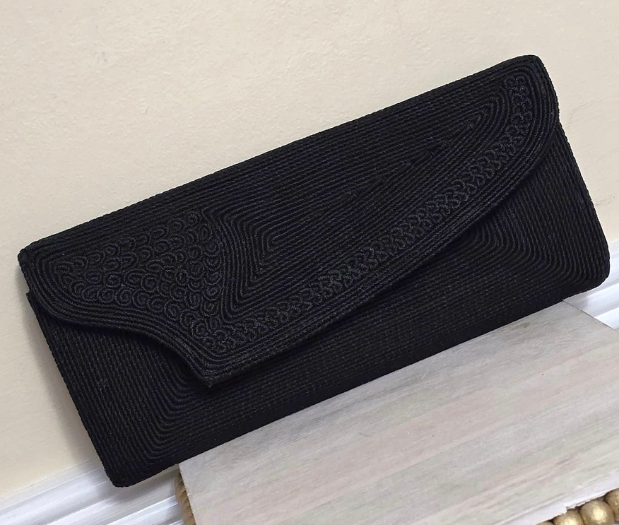 Cord design black clutch bag, vintage clutch style purse, black cording