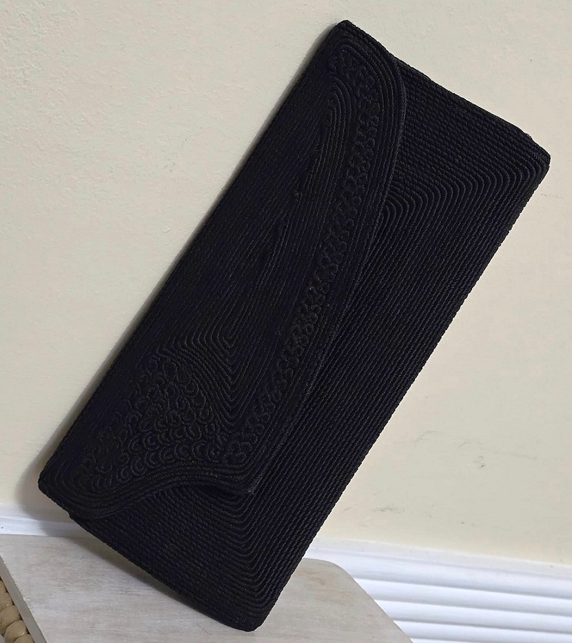 Cord design black clutch bag, vintage clutch style purse, black cording