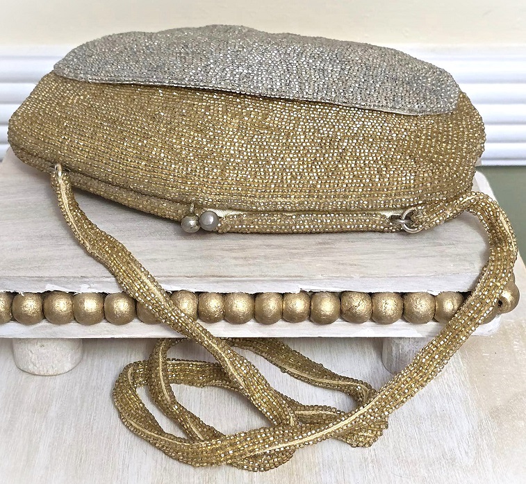 Walborg purse, vintage purse, gold and silver beaded purse, two gold and silver beading