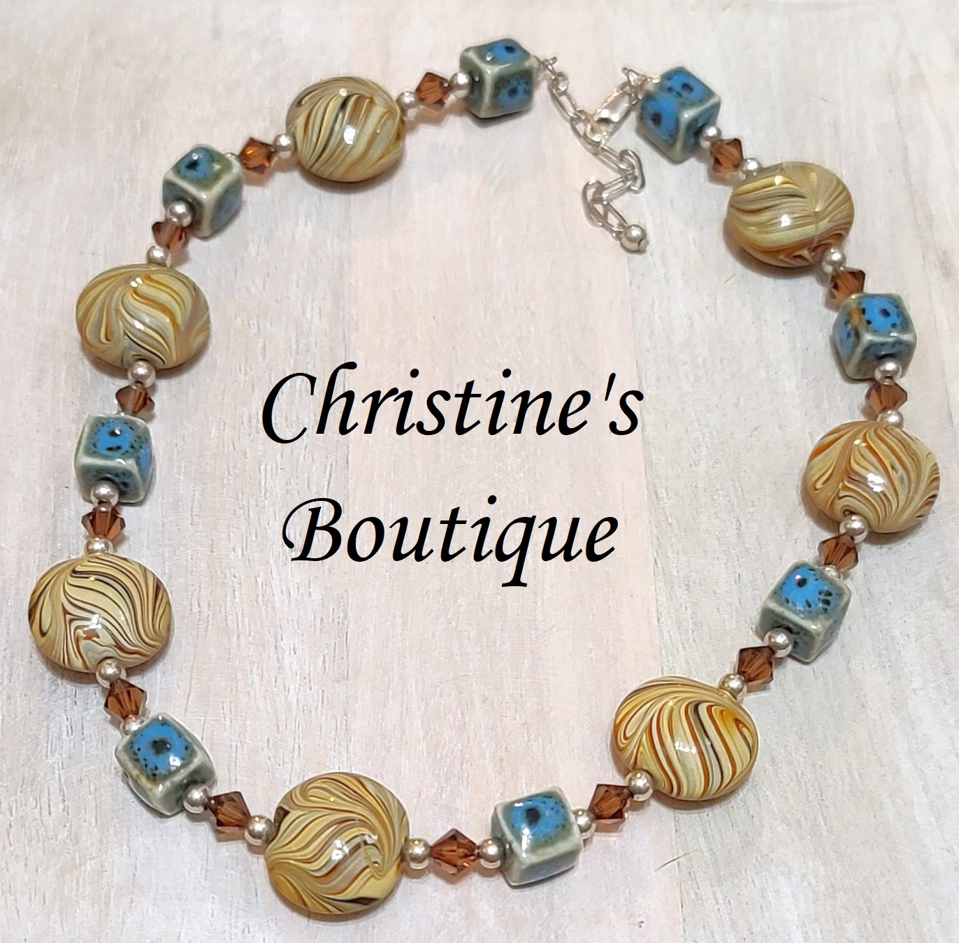 Swirl glass beads, ceramic and austrian crystals, handrafted, sterling silver chain and clasp