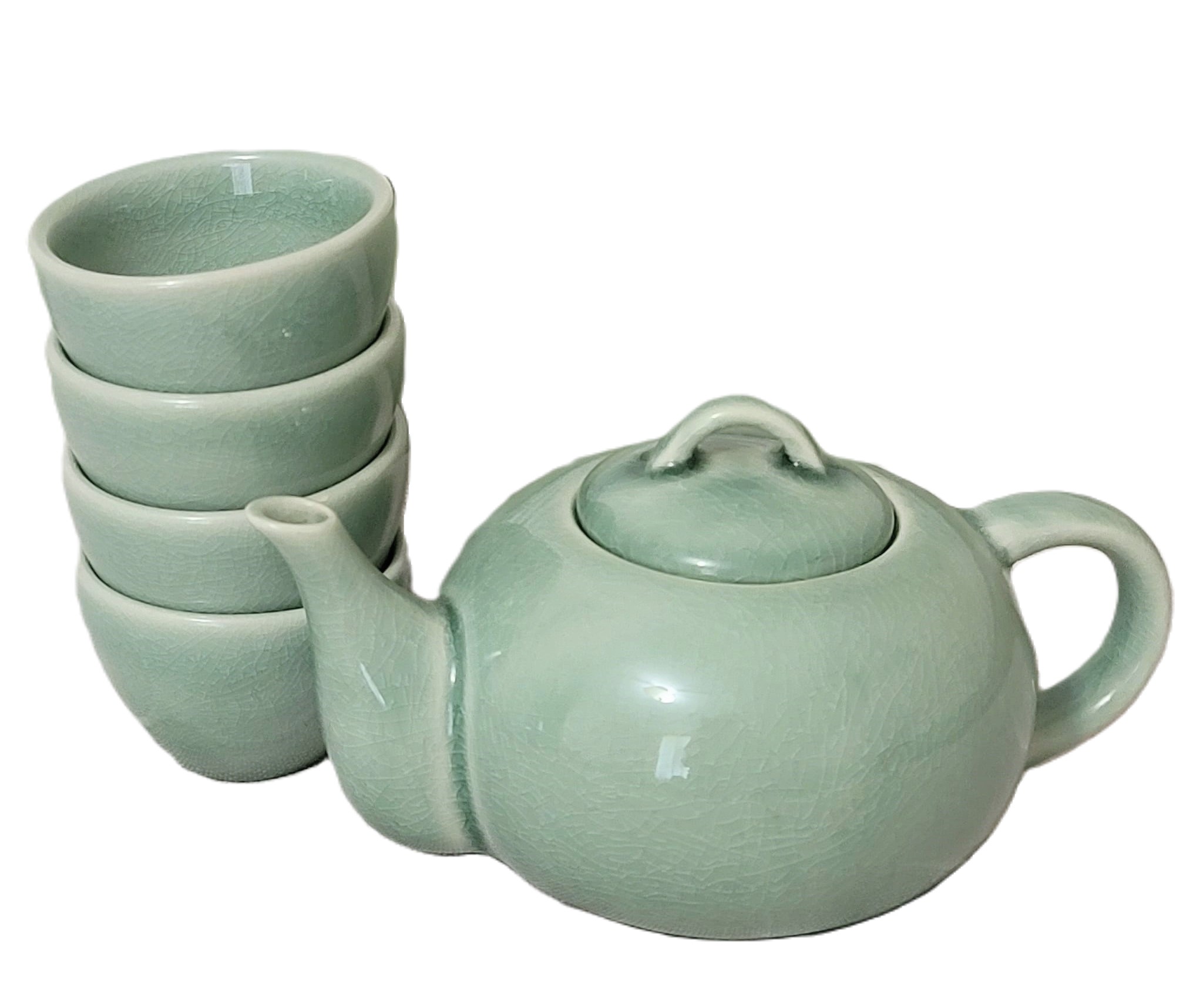 Japanese Tea Pot & Cups Green Crackle Pottery Set