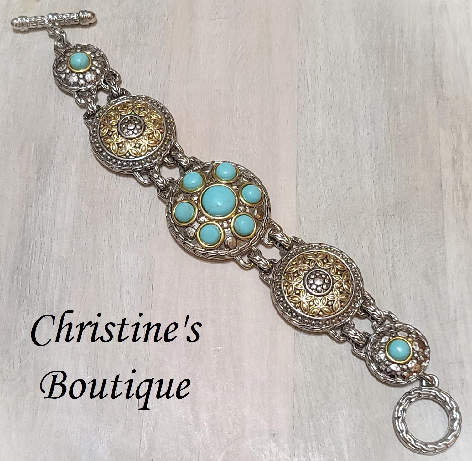 Fashion Turquoise Cabachon Link Bracelet - Click Image to Close