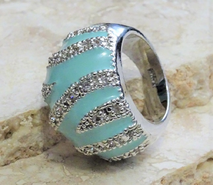 Blue Enamel and White CZ Rhondium Plated Dome Ring Size 8 - Click Image to Close