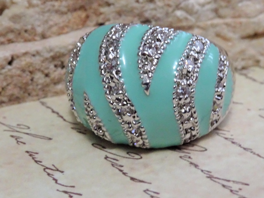 Blue Enamel and White CZ Rhondium Plated Dome Ring Size 7