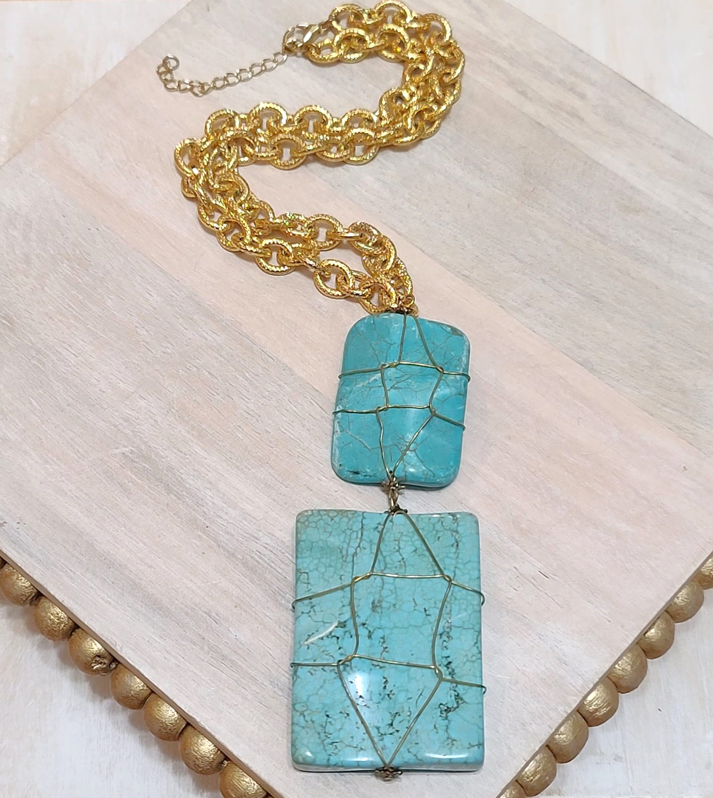 Turquoise Howilite pendant necklace, chunky retro look, large caged howlite stone
