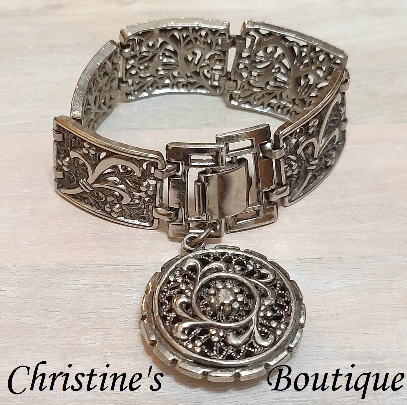 Medallion charm bracelet, vintage, orante and scroll detail, silvertone, heavy