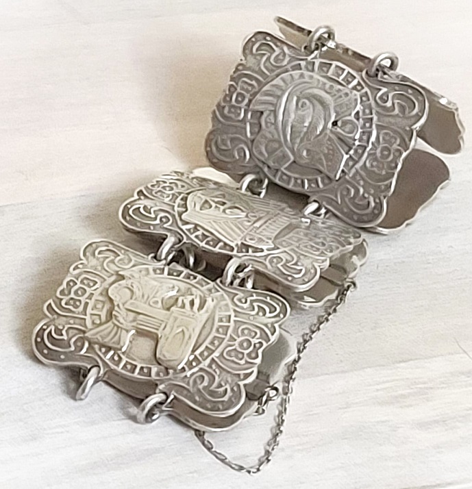 Aztec bracelet, sterling silver, heavy linked panels with aztec patterns, with a safety chain