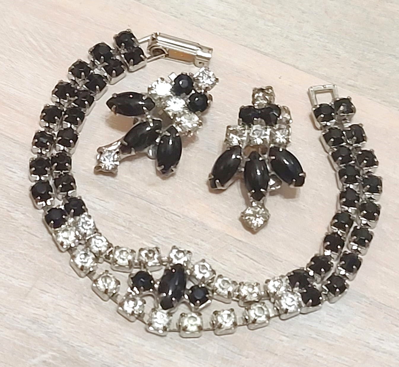 Rhinestone bracelet and clip on earrings set, vintage, black and white rhineestones