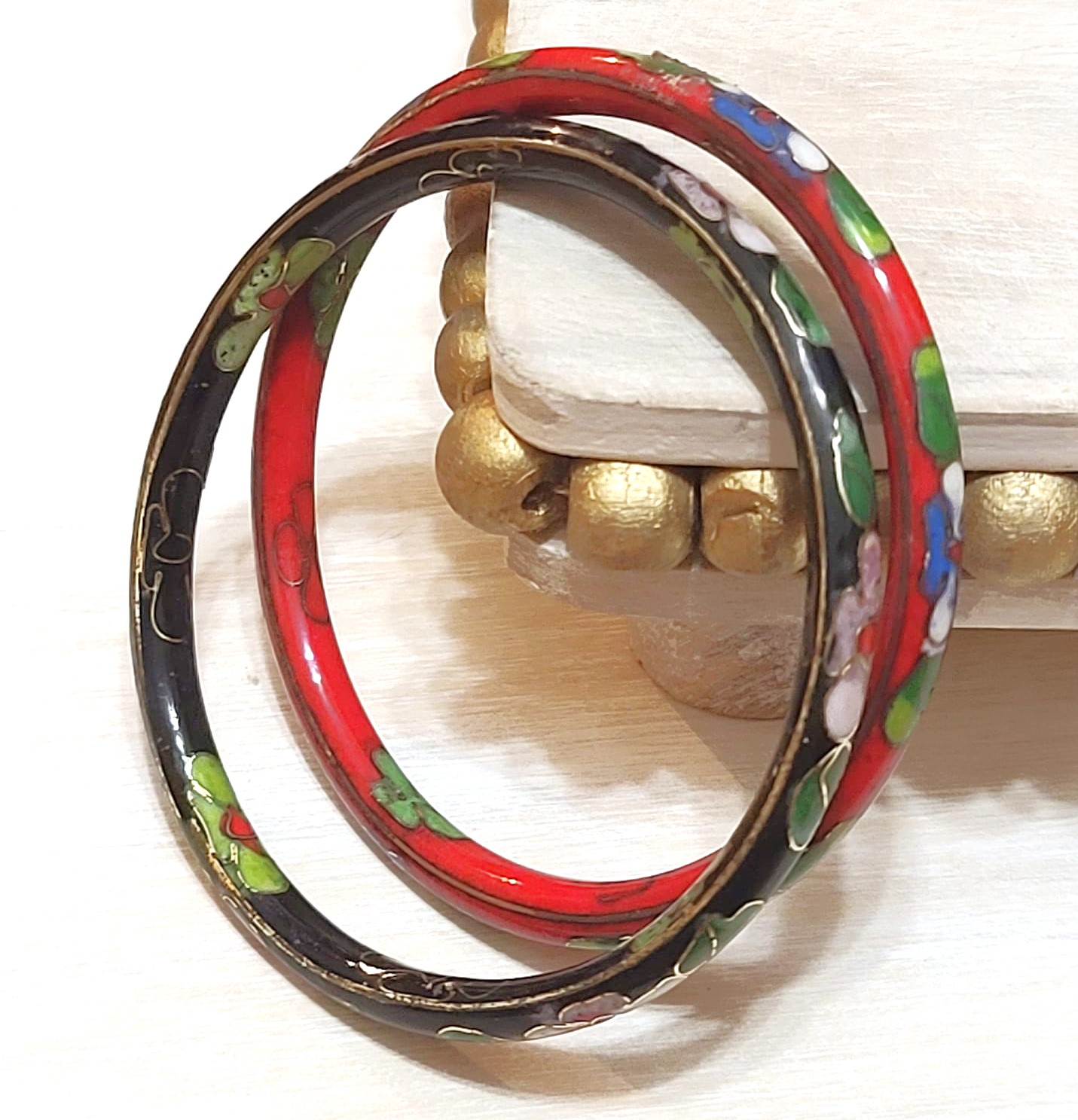 Cloisonne bangle bracelets, vintage, set of 2, red and black cloisonne