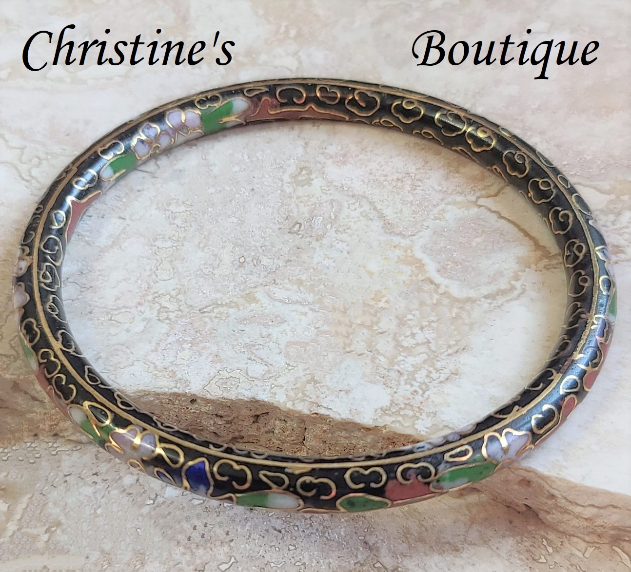 Cloisonne bangle bracelet, vintage bracelet with dark pink and green hues