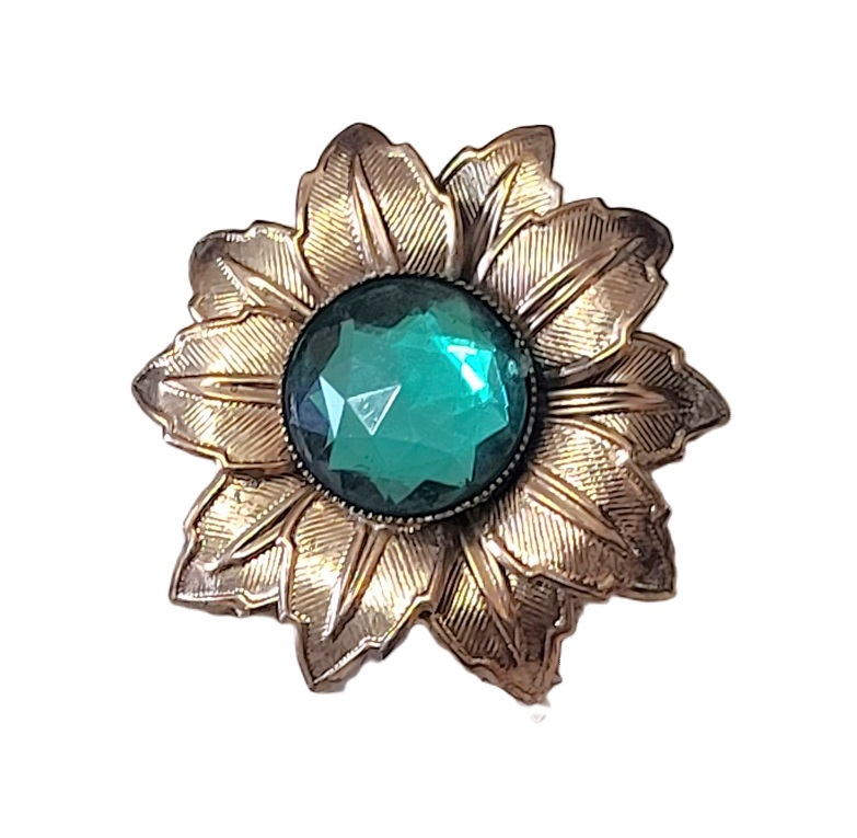 Emerald Green and Brass Metal Sunflower Pin - Click Image to Close