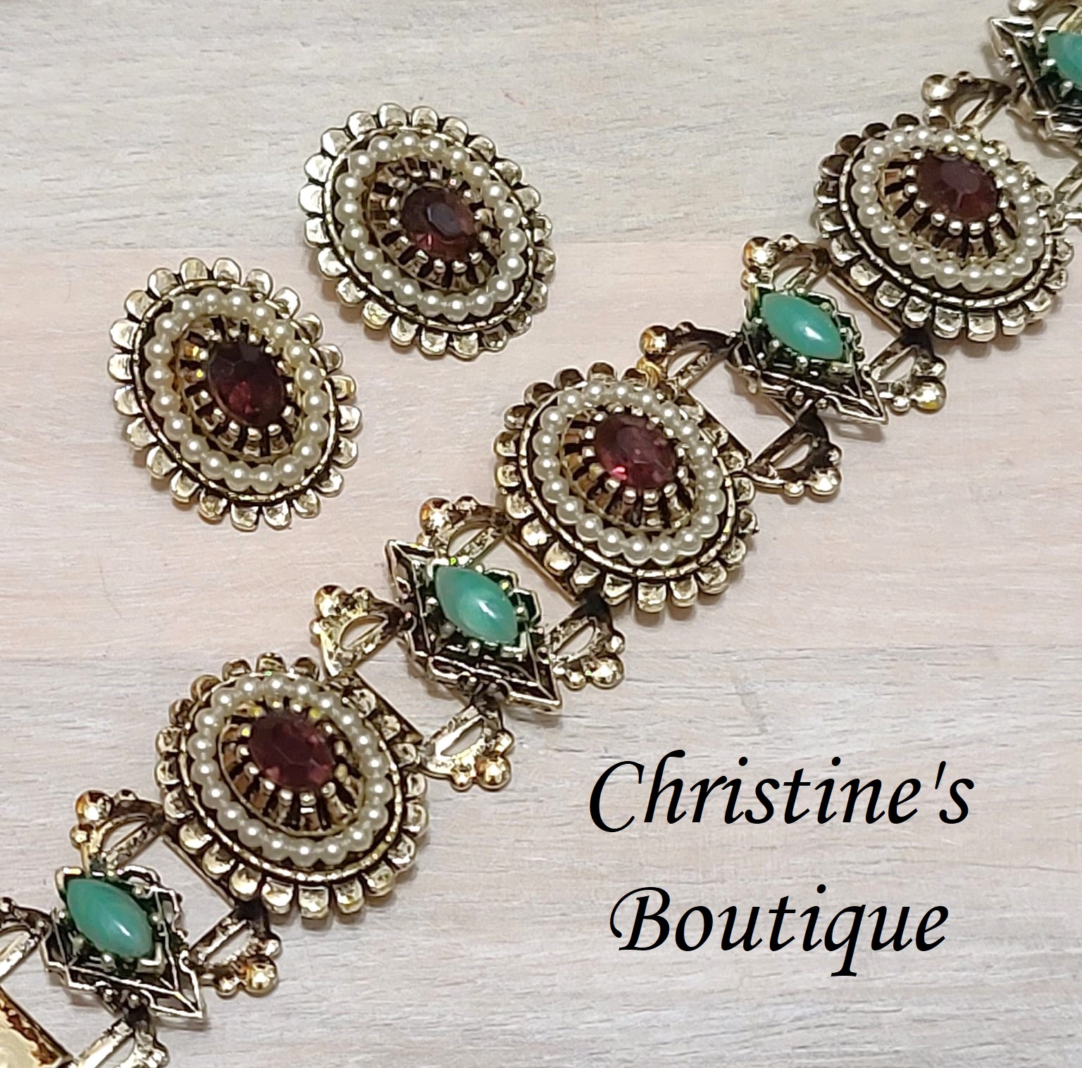 Vintage bracelet and earrings set, pearls, purple rhinestones and turquoise cabachons