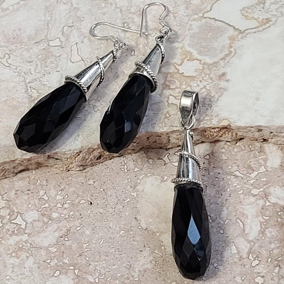 Black Onyx Drop and 925 Silver Pendant and Earrings - Click Image to Close