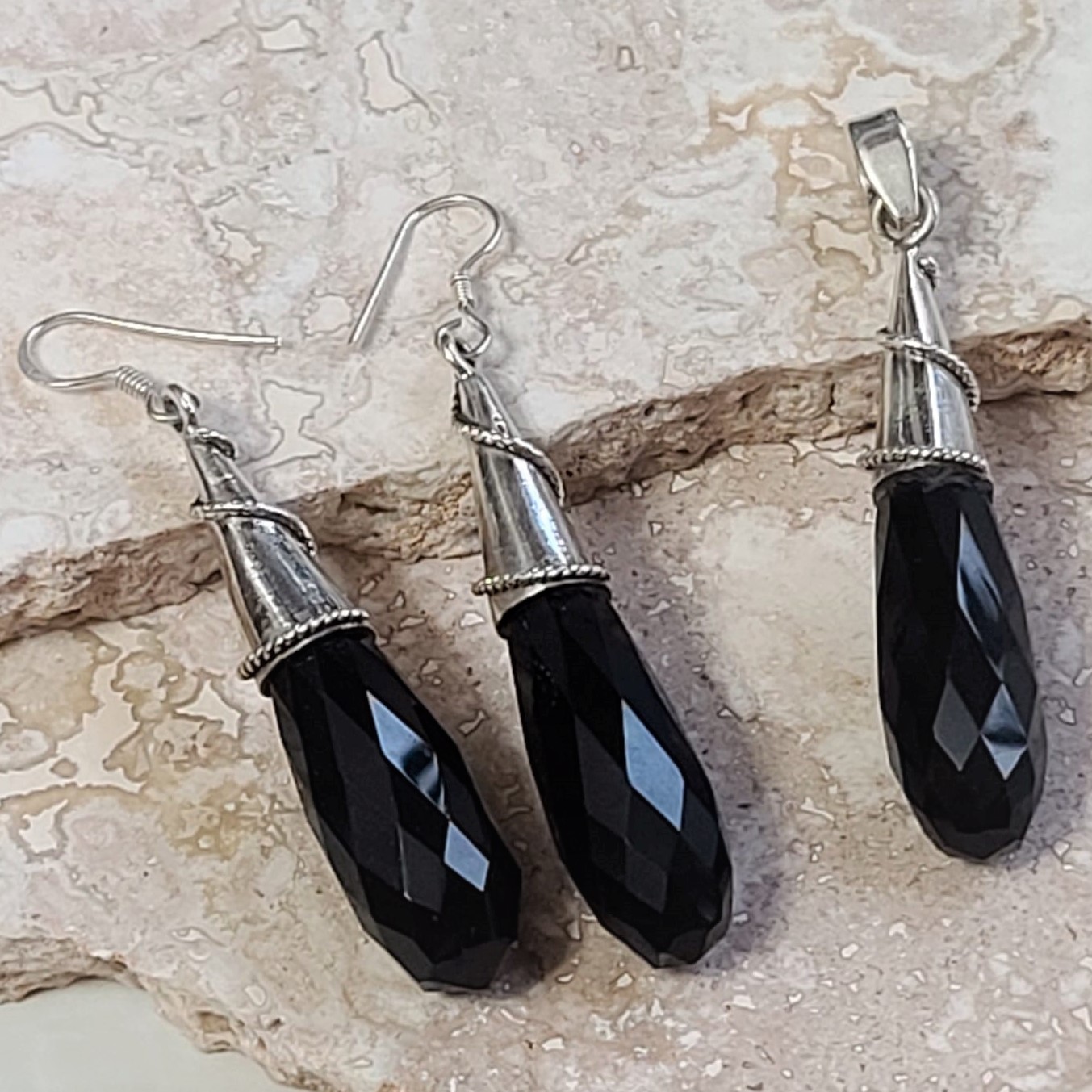 Black Onyx Drop and 925 Silver Pendant and Earrings