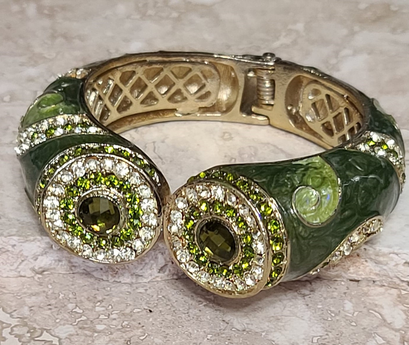 Rhinestones & Green Enamel Foldover Bracelet