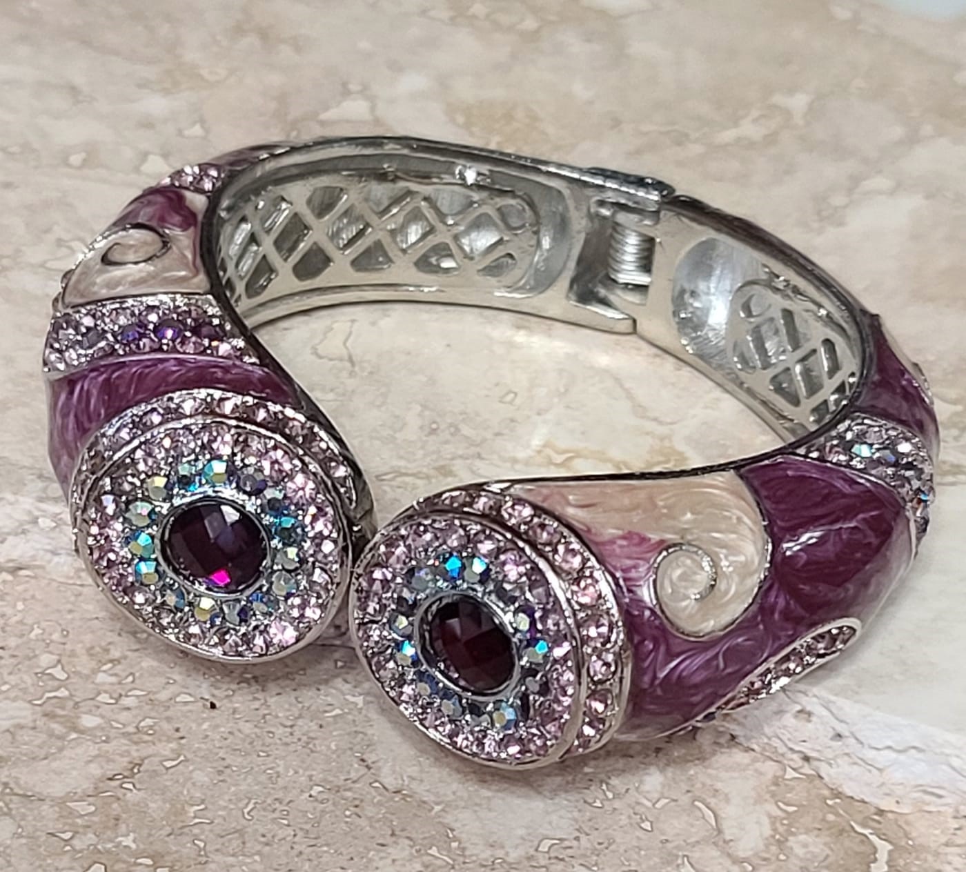 Rhinestones & Purple Enamel Foldover Bracelet