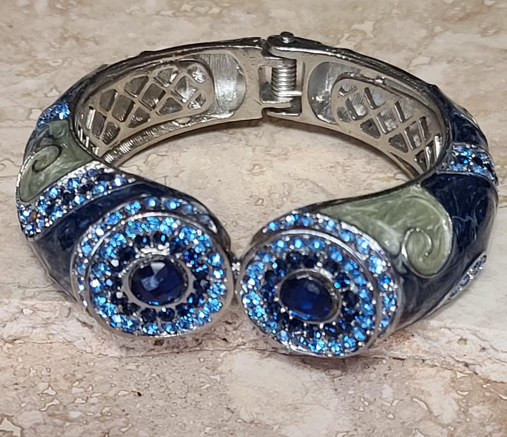 Rhinestones & Blue Enamel Foldover Bracelet