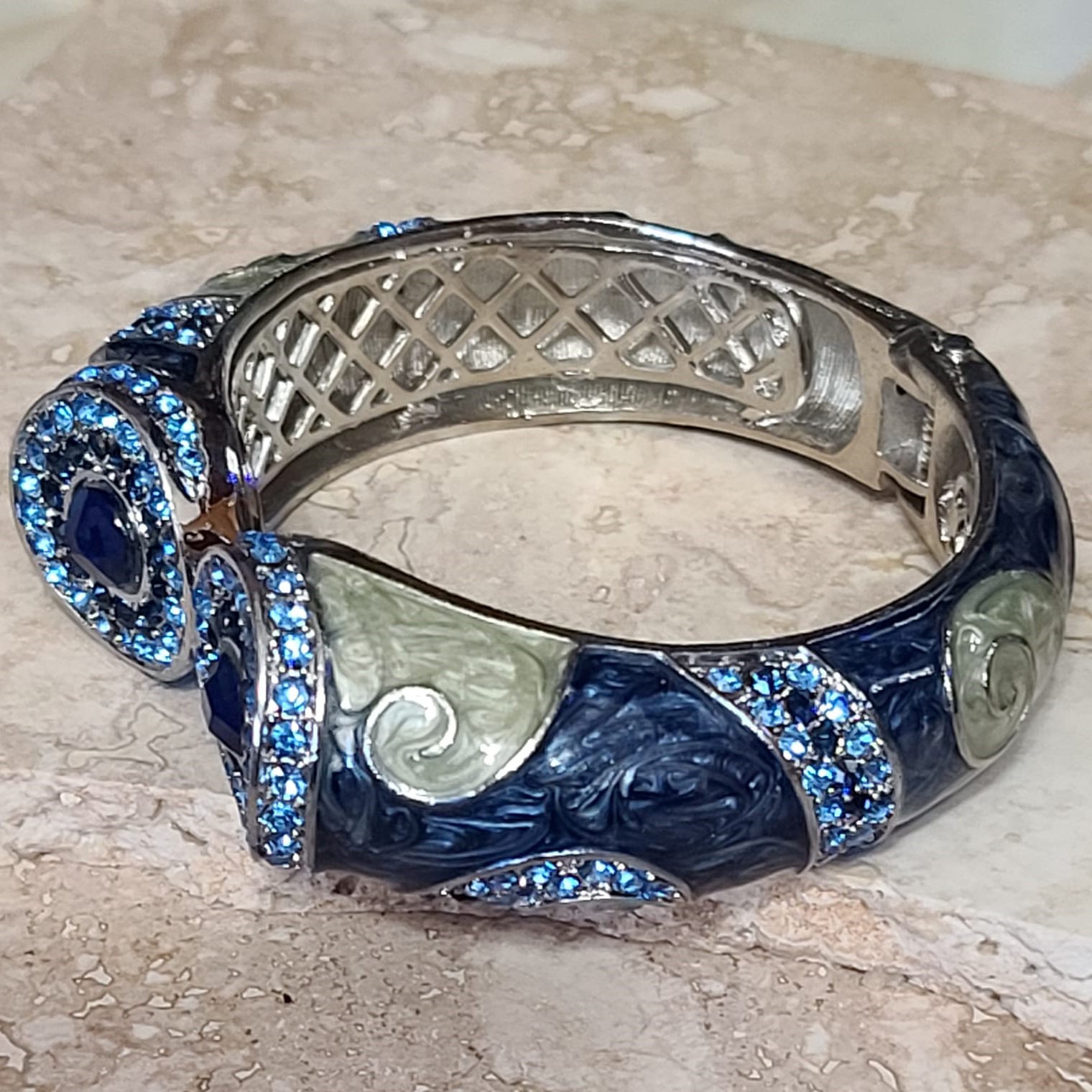 Rhinestones & Blue Enamel Foldover Bracelet