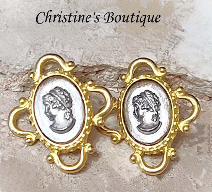 Cameo earrings, vintage for pierced ears, signed designer C. Stein - Click Image to Close