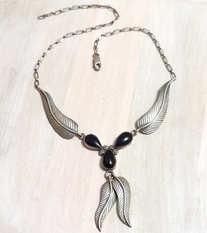 Black onyx gemstone necklace, southwest flare, with feathers, set in sterling silver