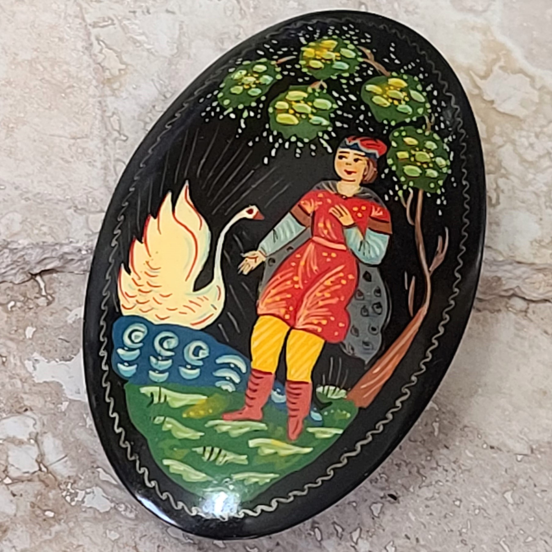 Russian Hand Painted Brooch Signed MCTEPA Boy & Swan