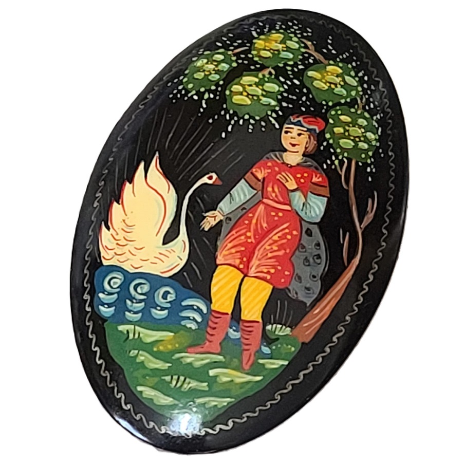 Russian Hand Painted Brooch Signed MCTEPA Boy & Swan